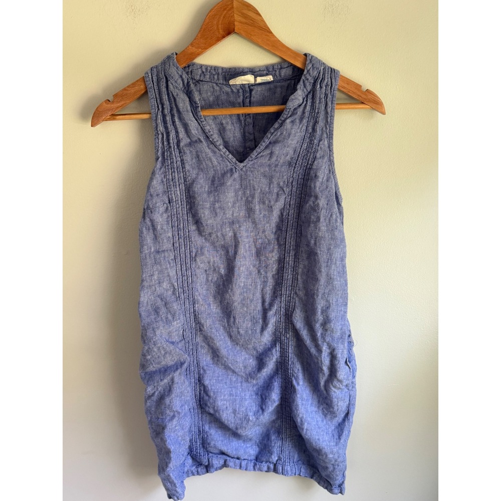 Sigrid Olsen Women Blue 100% Linen Pintuck V-Neck Sleeveless Tunic Top Small